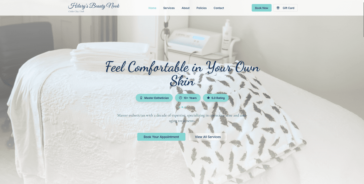 Hilary's Beauty Nook — Esthetician / Spa website by Leads to Sales