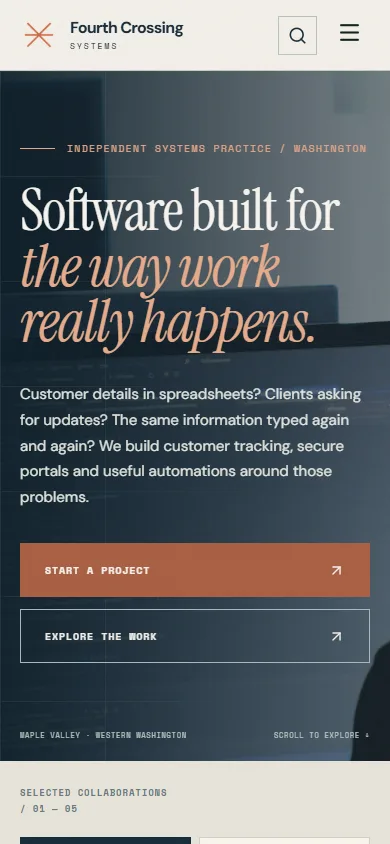 Fourth Crossing Systems public website at phone width.