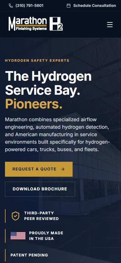 Hydrogen Service Bays public website at phone width.