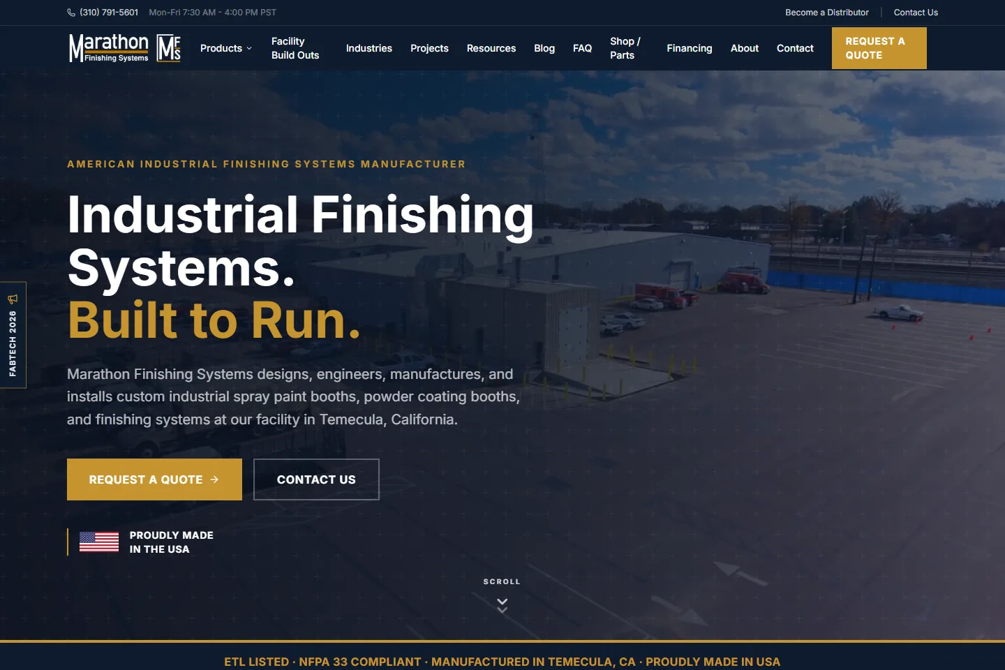 Marathon Finishing Systems public homepage desktop view, inspected September 30, 2026.