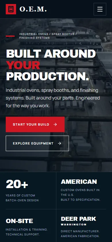 OEM — Oven Empire Manufacturing public website at phone width.