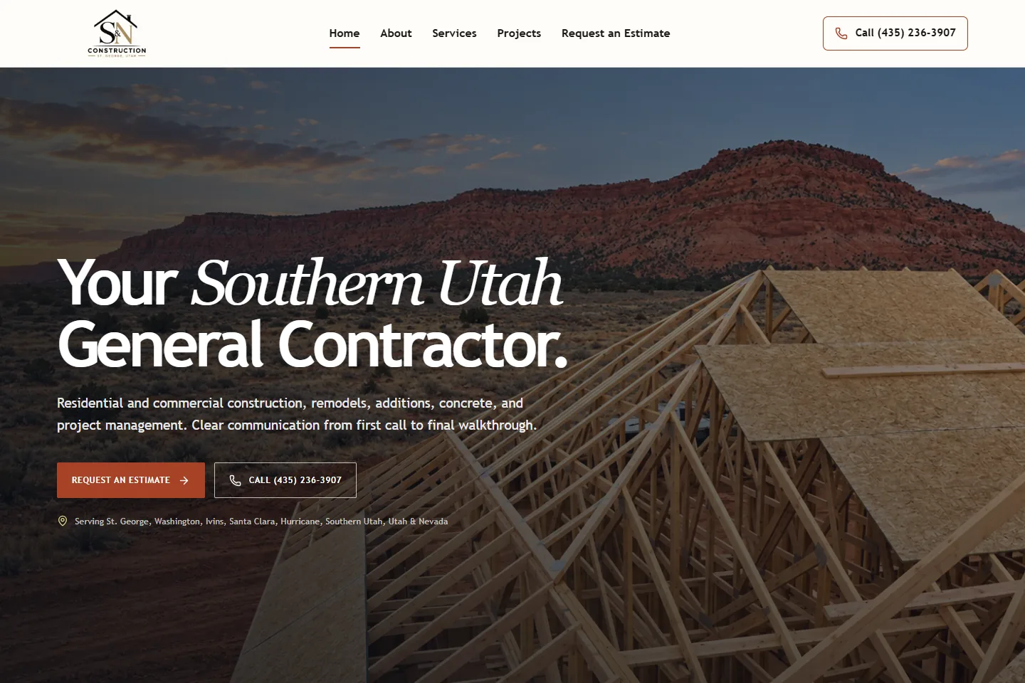 S&N Construction — St. George public homepage desktop view, inspected September 30, 2026.