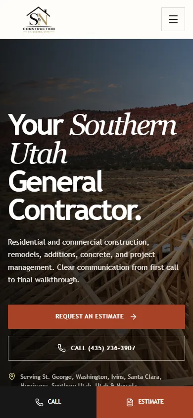 S&N Construction — St. George public website at phone width.